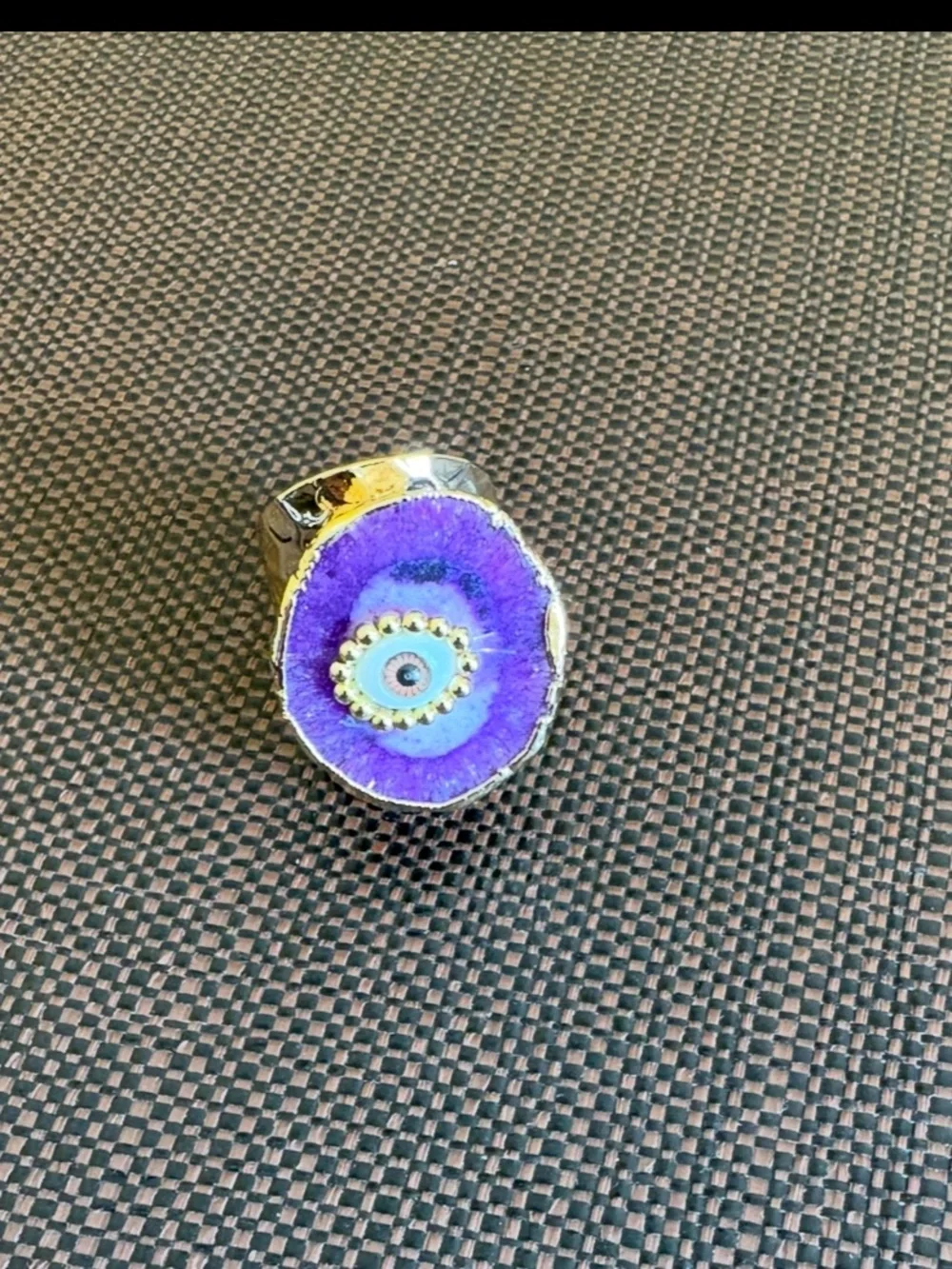 Purple Druzy Geode Evil Eye Ring with Gold Trim Adjustable